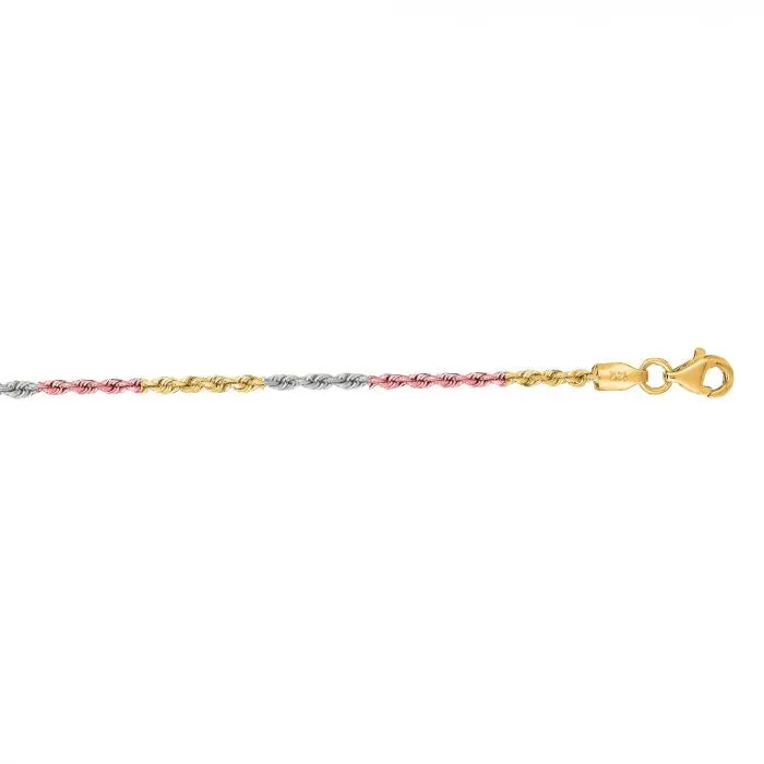 10K Tri-Gold Rope Chain Bracelet 2.3 mm