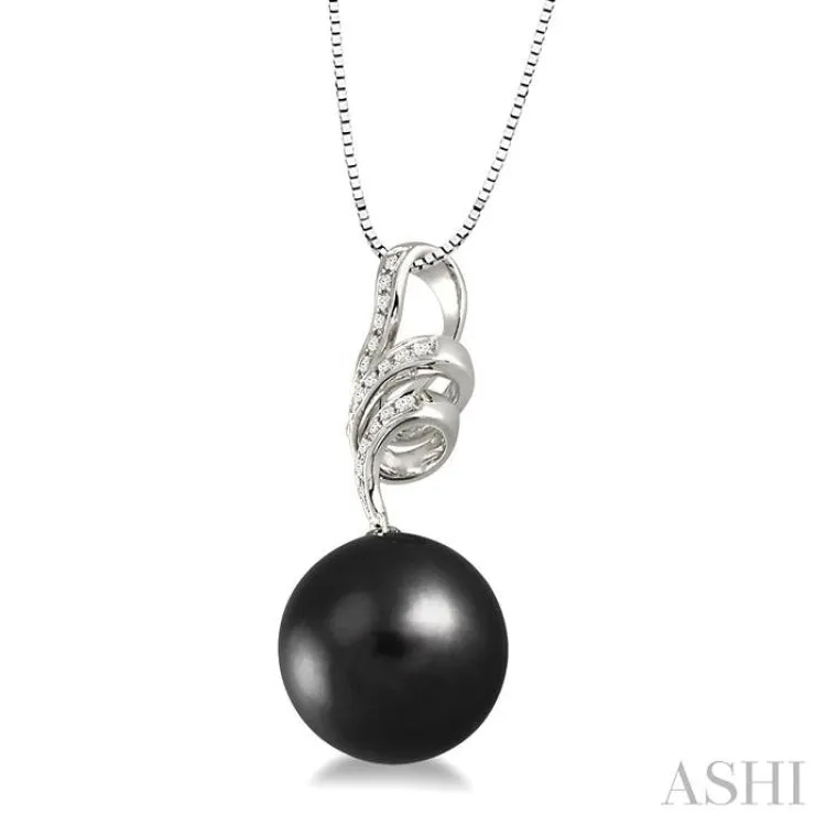 10x10MM Black Cultured Pearl and 1/8 Ctw Round Cut Diamond Pendant in 14K White Gold with Chain