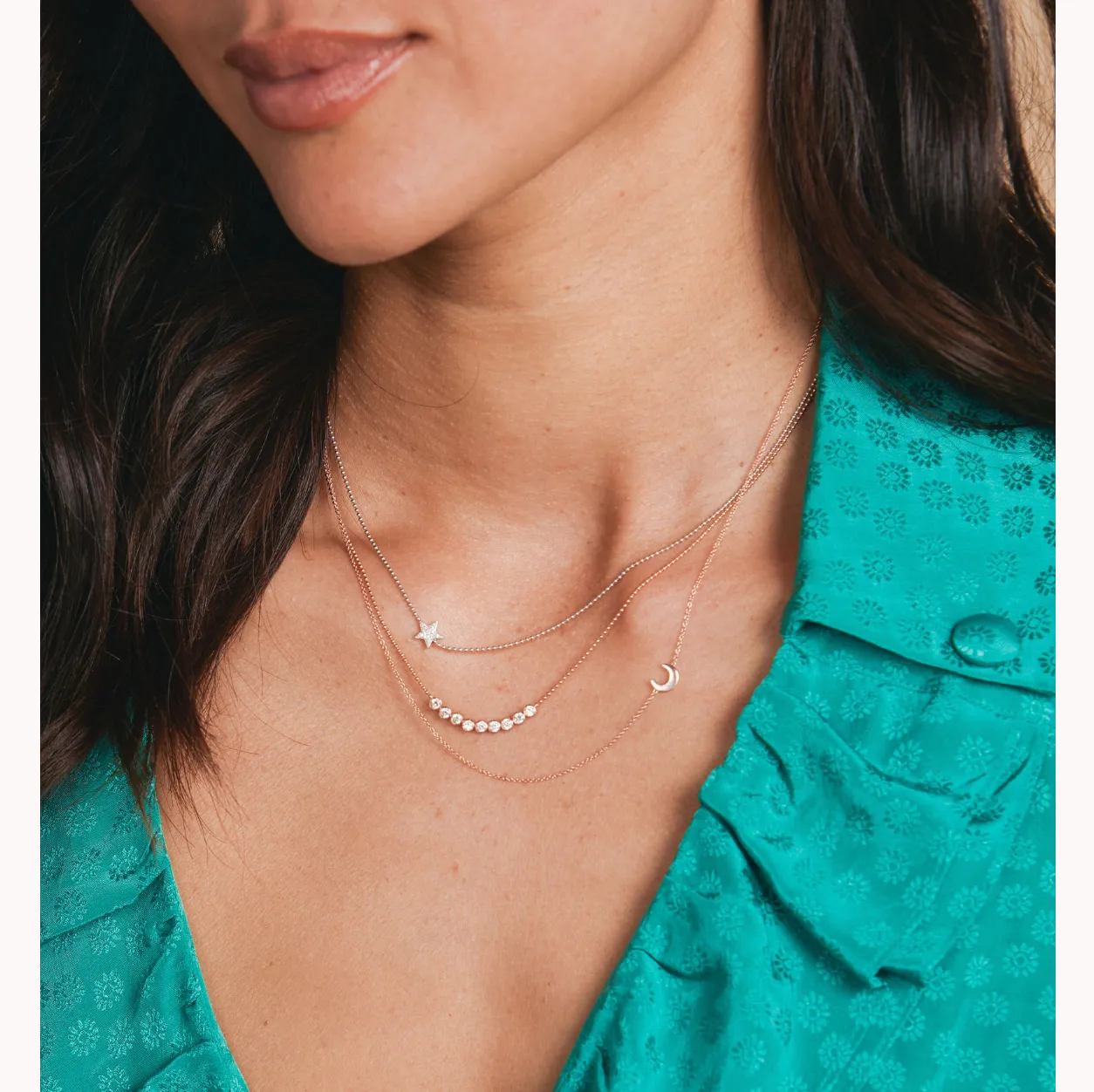 14K GOLD ASYMMETRICAL CHARM NECKLACE - Moon