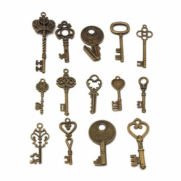 14pcs Retro Vintage Old Style Key Pendants DIY Accessaries