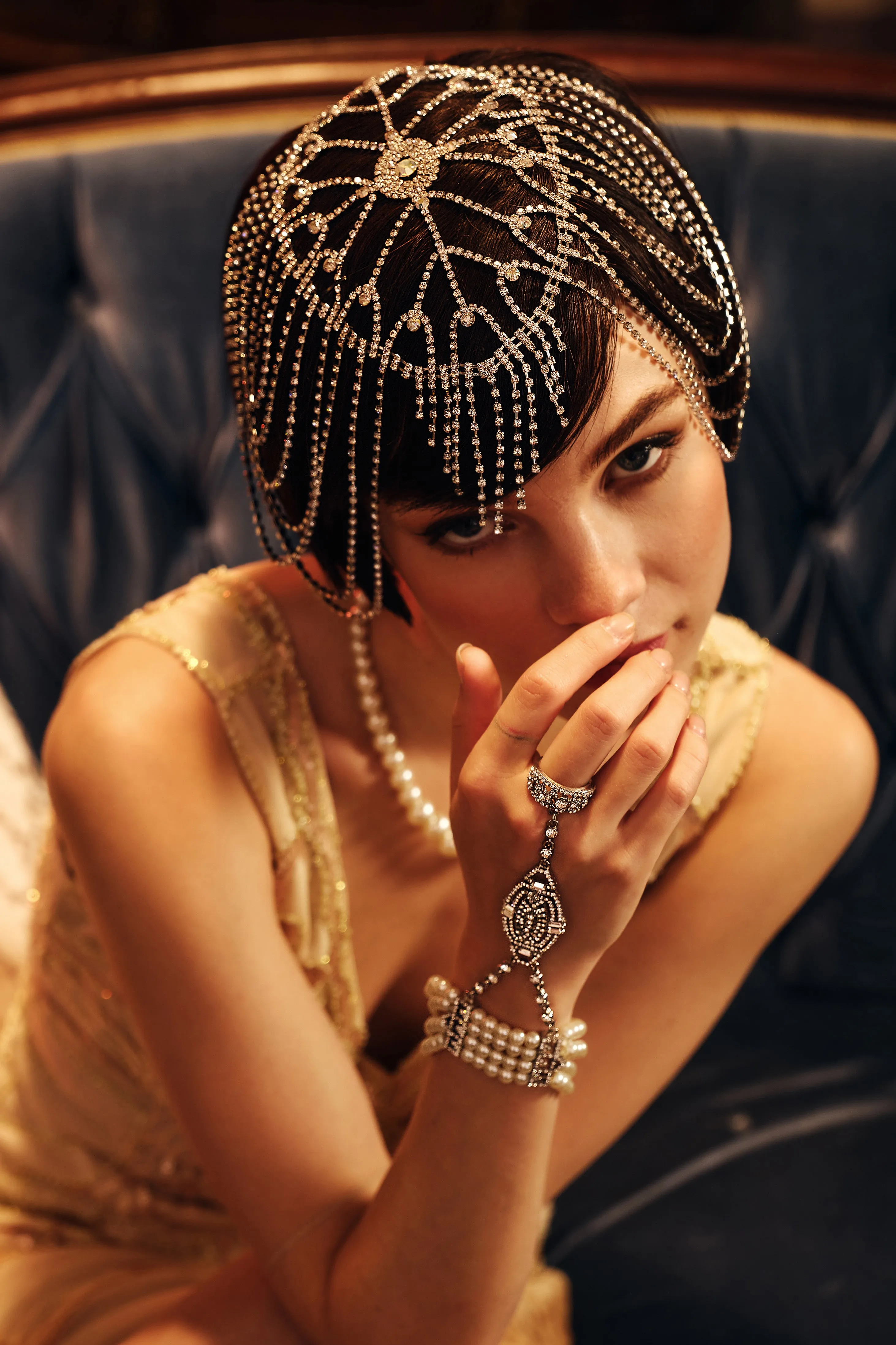 1920s Rhinestone Chain Cage Headpiece