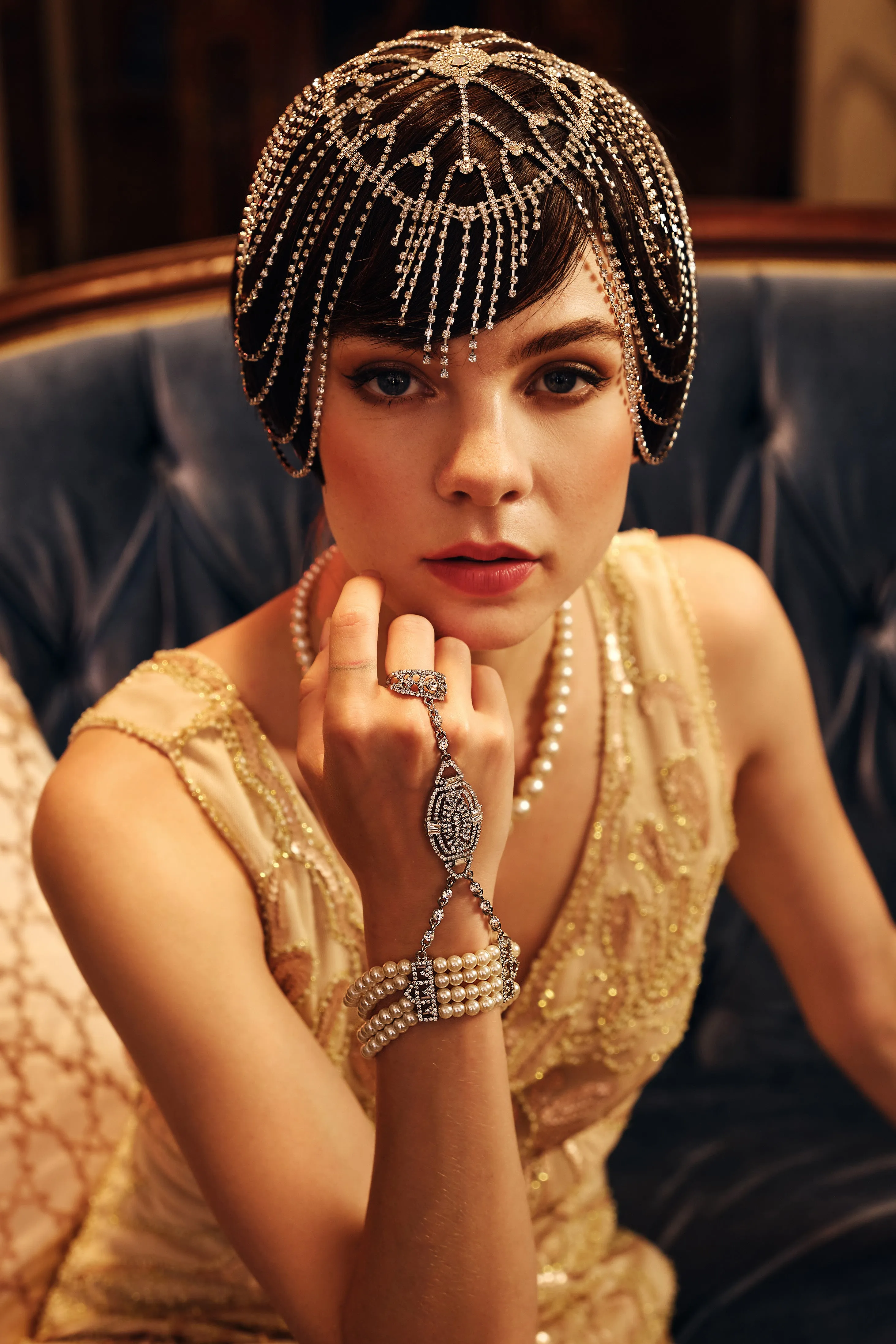 1920s Rhinestone Chain Cage Headpiece