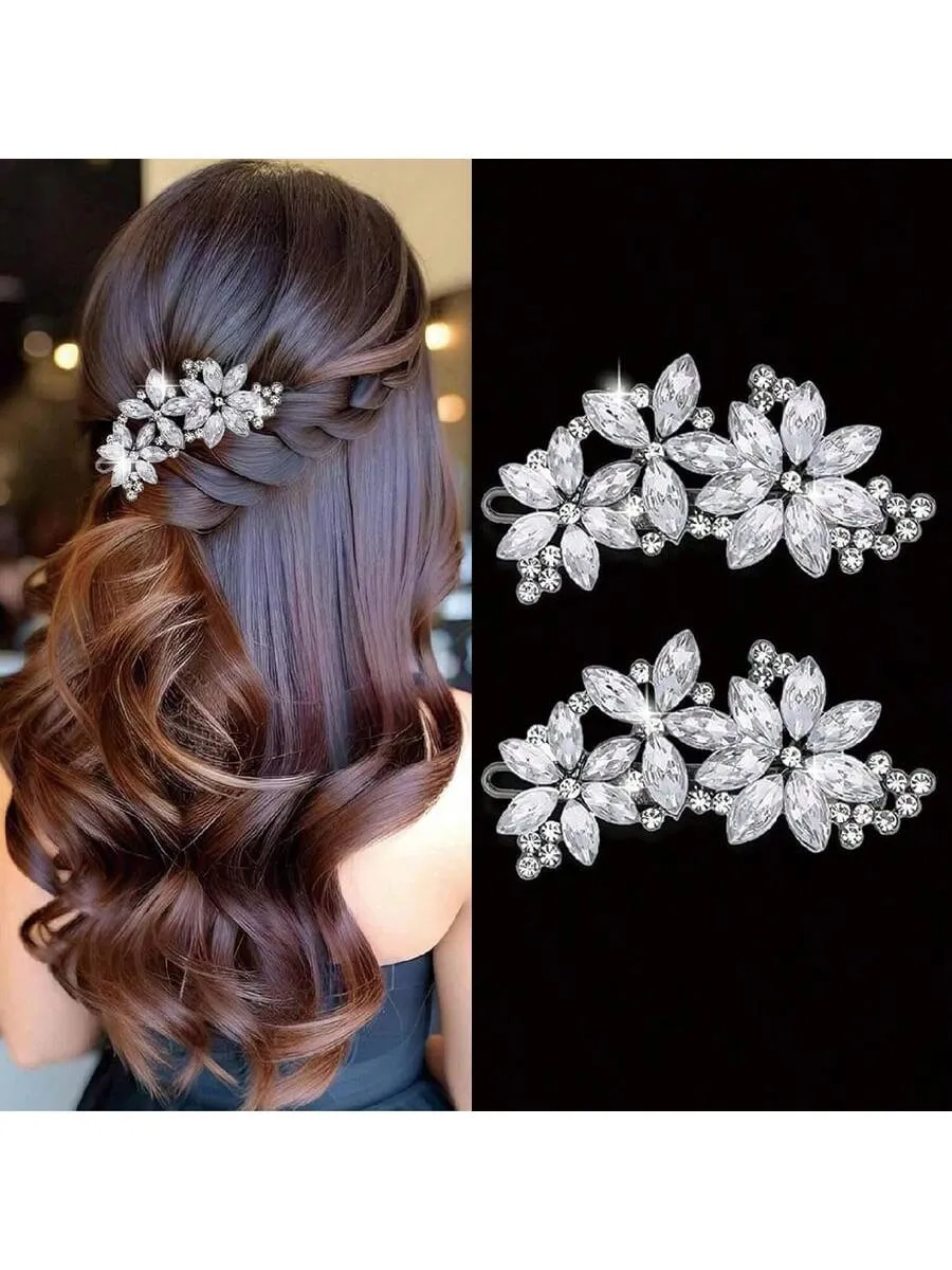 2 Pcs Bling Flower Hair Clips Rhinestone Hair Clip, Silver Wedding Hair Pins Crystal Flower Bridal Hair Clips, Diamond Hair Accessories For Brides Bridesmaid Women Girls