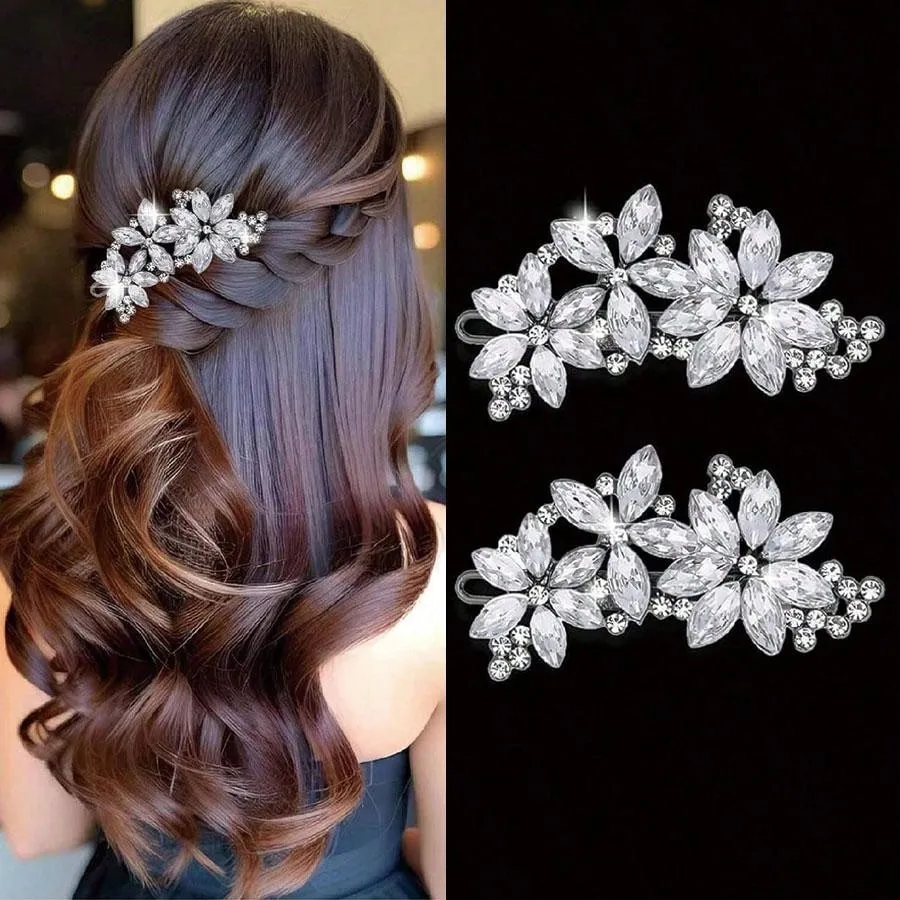 2 Pcs Bling Flower Hair Clips Rhinestone Hair Clip, Silver Wedding Hair Pins Crystal Flower Bridal Hair Clips, Diamond Hair Accessories For Brides Bridesmaid Women Girls