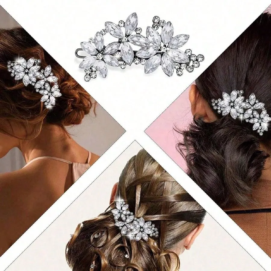 2 Pcs Bling Flower Hair Clips Rhinestone Hair Clip, Silver Wedding Hair Pins Crystal Flower Bridal Hair Clips, Diamond Hair Accessories For Brides Bridesmaid Women Girls