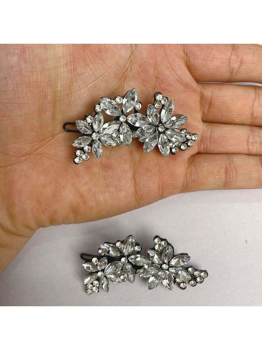 2 Pcs Bling Flower Hair Clips Rhinestone Hair Clip, Silver Wedding Hair Pins Crystal Flower Bridal Hair Clips, Diamond Hair Accessories For Brides Bridesmaid Women Girls