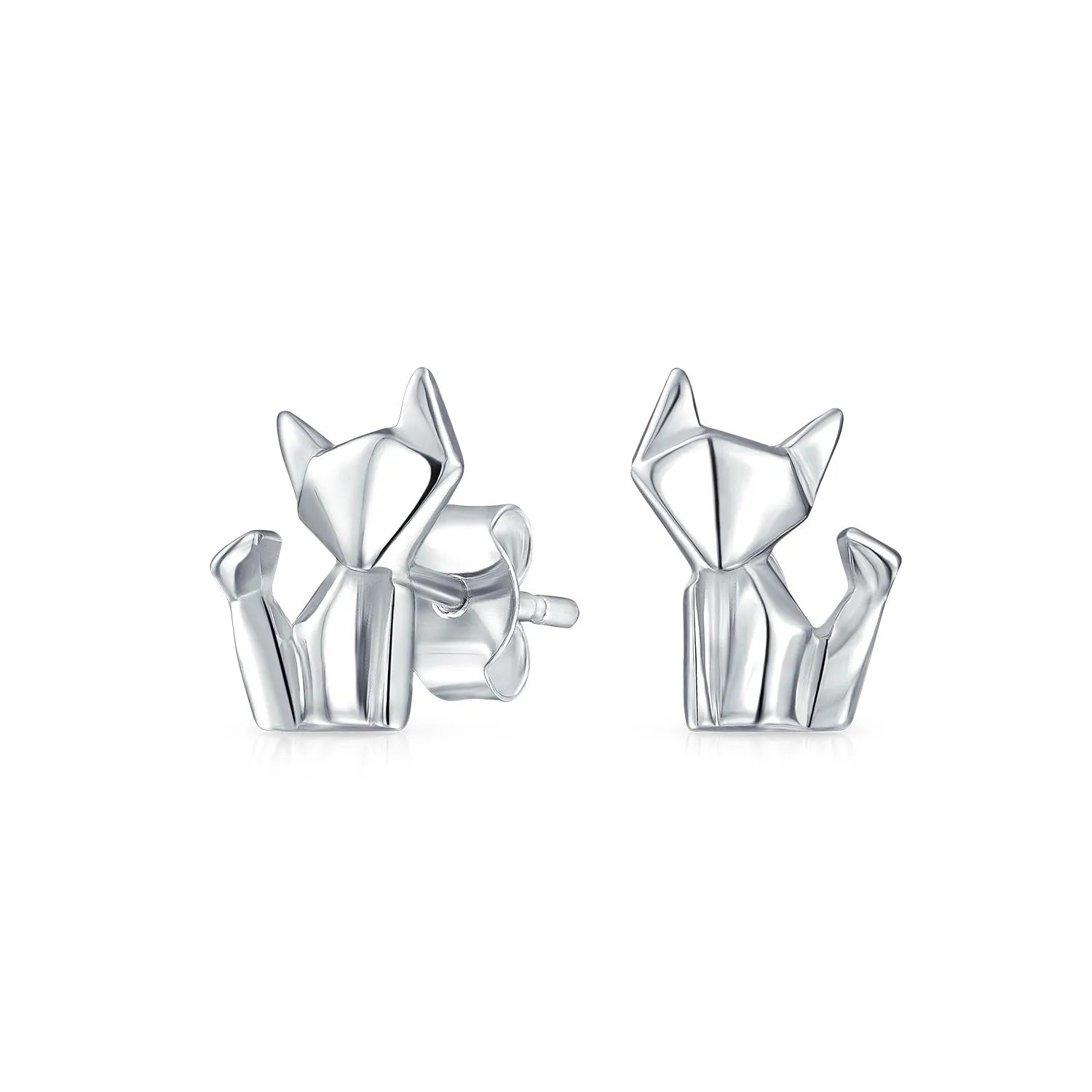 3D Geometric Origami Cat Stud Earrings in Sterling Silver