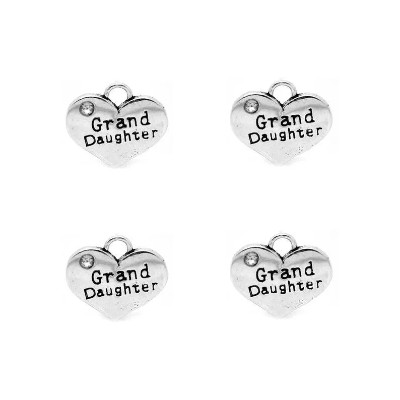 5 Pcs Tibetan Silver and Rhinestone Grand Daughter Heart 14X16mm 3D Charms Pendants