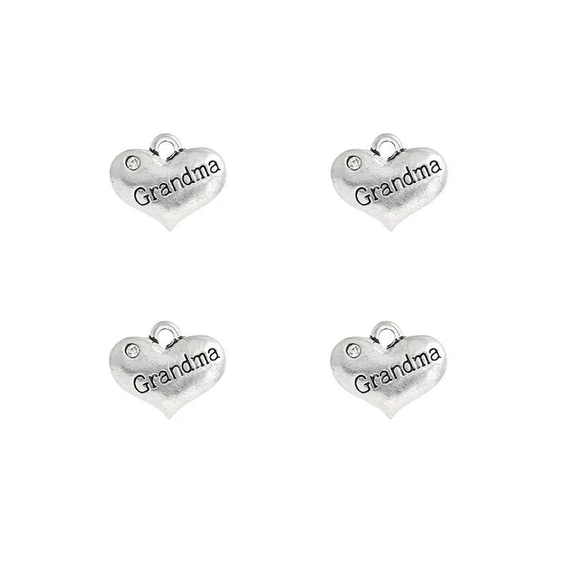 5 Pcs Tibetan Silver and Rhinestone Grandma Heart 14X16mm 3D Charms Pendants