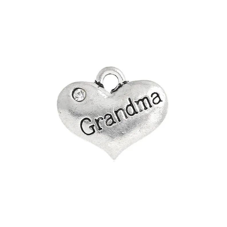 5 Pcs Tibetan Silver and Rhinestone Grandma Heart 14X16mm 3D Charms Pendants