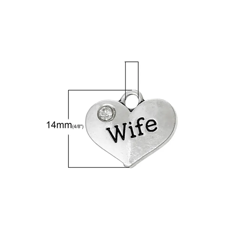 5 Pcs Tibetan Silver and Rhinestone WIFE HEART 3D 17mm Charms Pendants, Lead & Nickel Free Metal Charms Pendants Beads