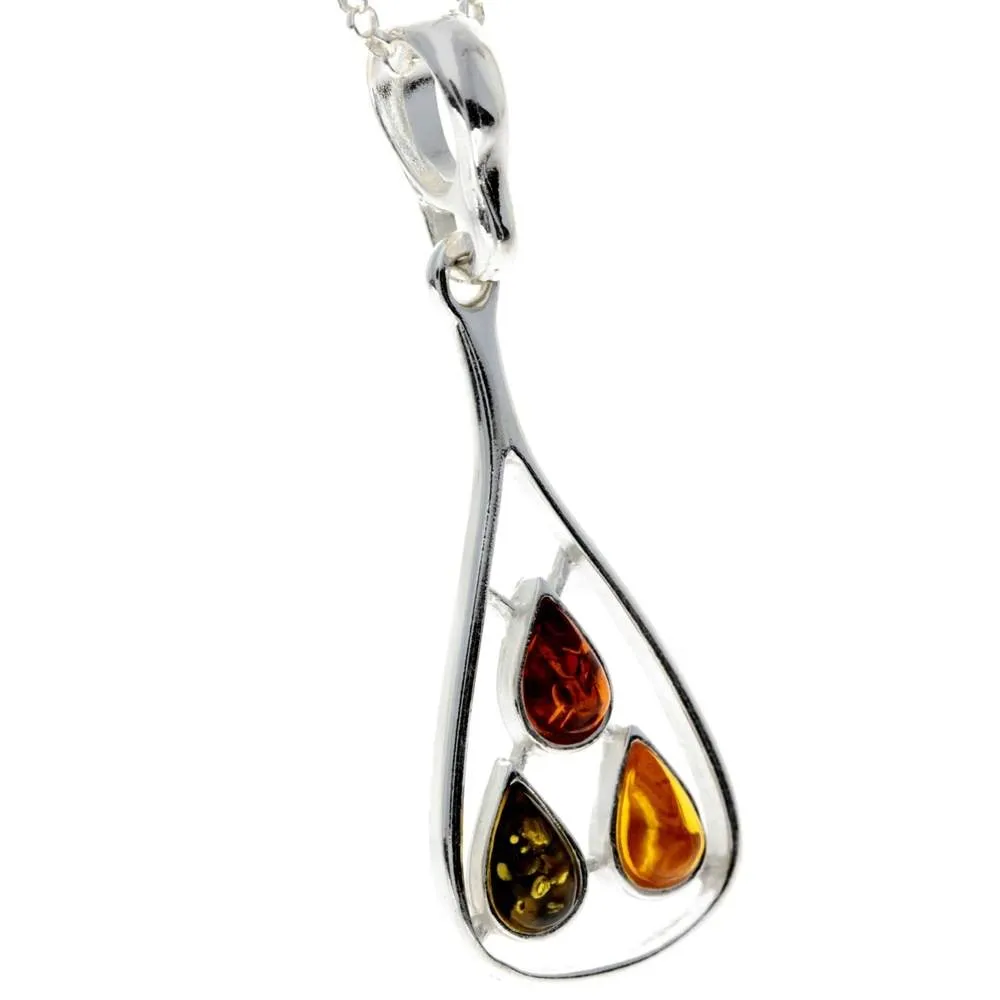 925 Sterling Silver & Genuine Baltic Amber 3 Stone Teardrop Classic Pendant - 397