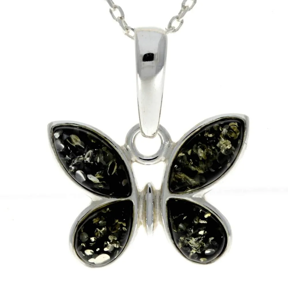 925 Sterling Silver & Genuine Baltic Amber Classic Butterfly Pendant - AA228