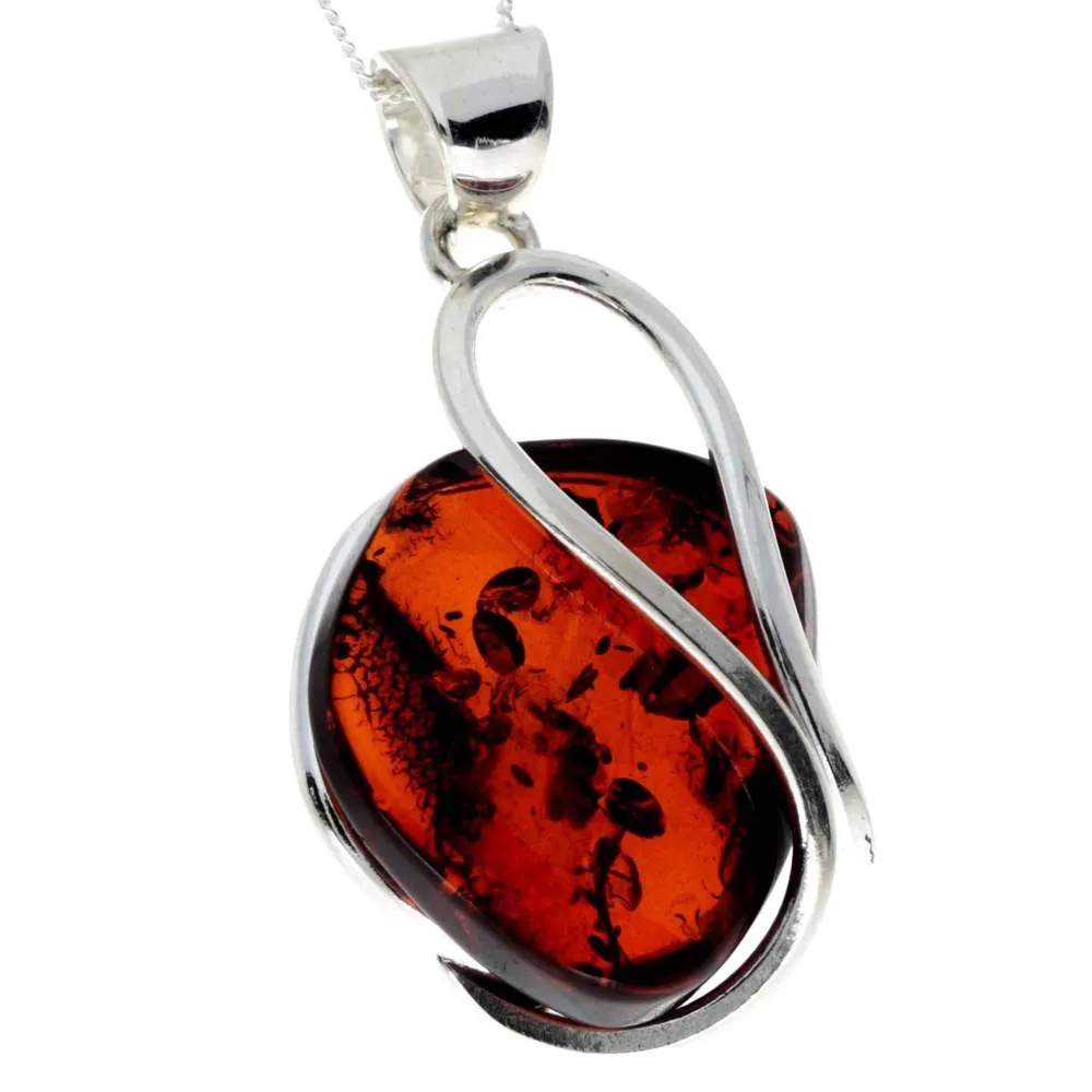 925 Sterling Silver & Genuine Cognac Baltic Amber Exlusive Unique Pendant - PD2266