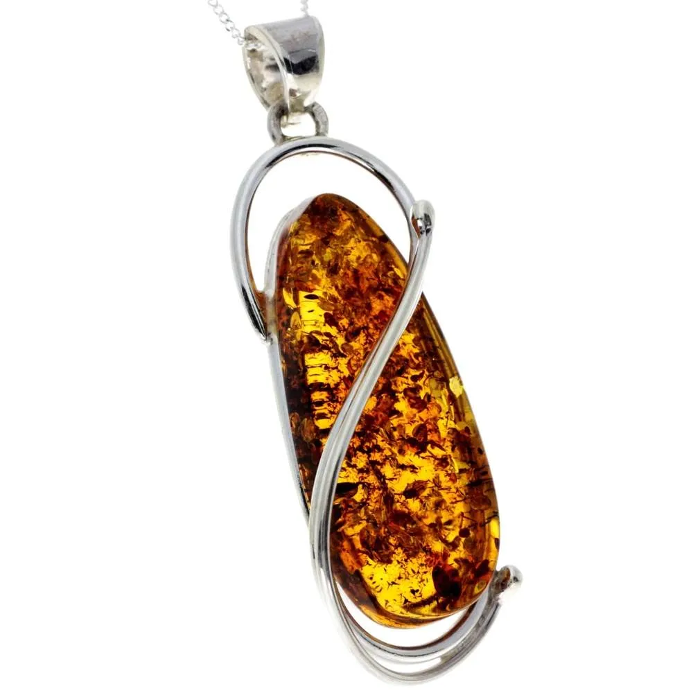 925 Sterling Silver & Genuine Cognac Baltic Amber Exlusive Unique Pendant - PD2273