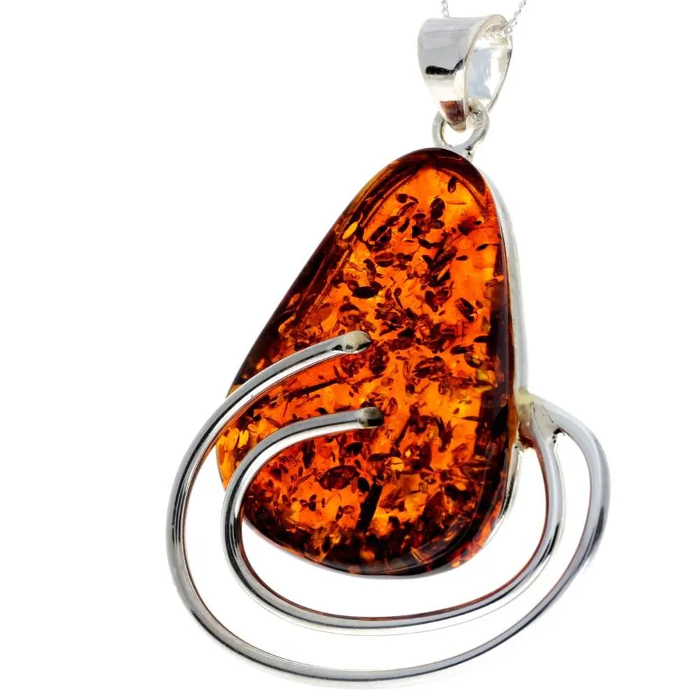 925 Sterling Silver & Genuine Cognac Baltic Amber Exlusive Unique Pendant - PD2318