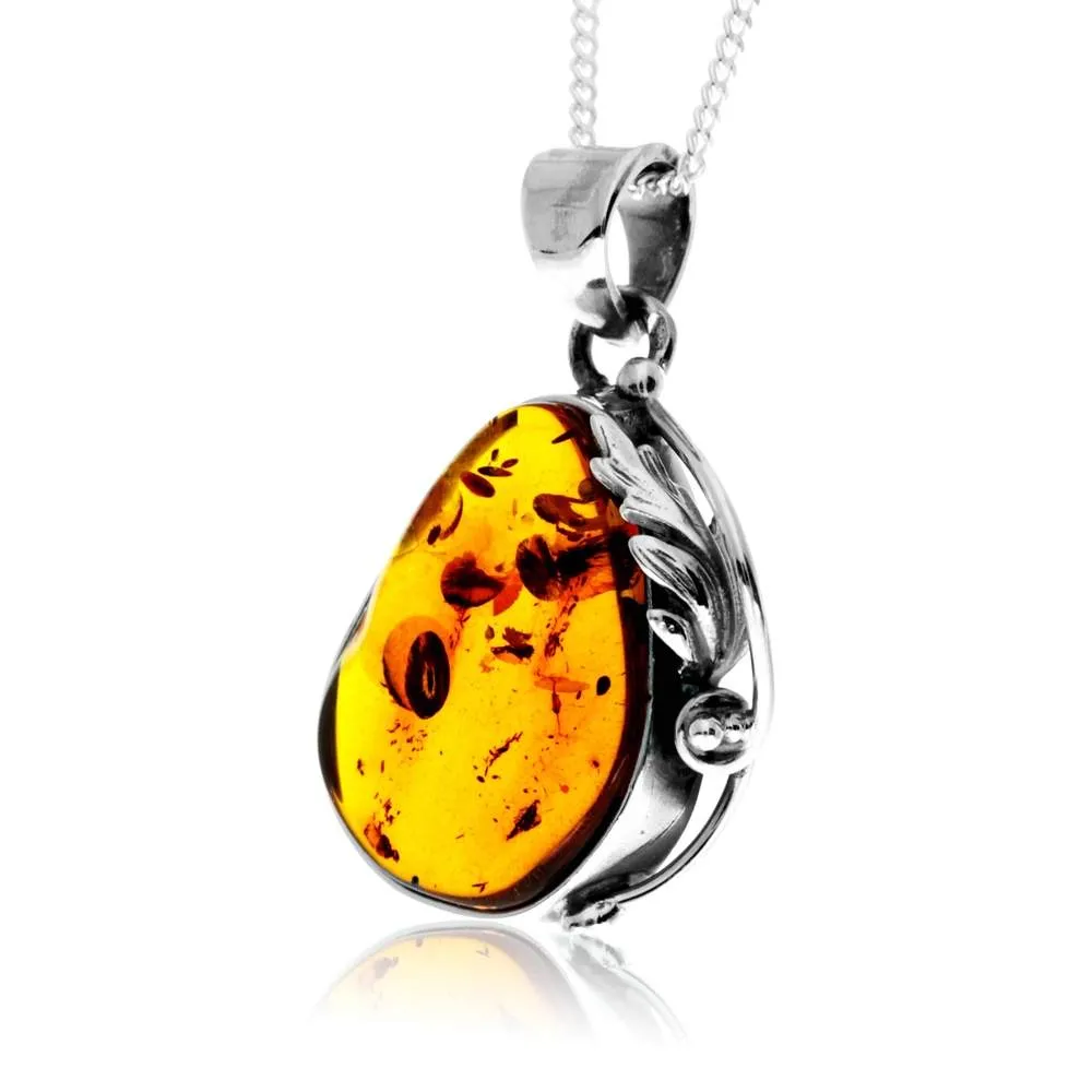 925 Sterling Silver & Genuine Cognac Baltic Amber Exlusive Unique Pendant - PD2419