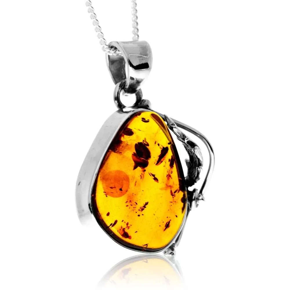 925 Sterling Silver & Genuine Cognac Baltic Amber Exlusive Unique Pendant - PD2419