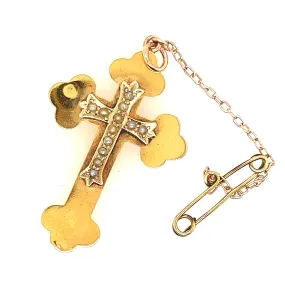 Antique 15ct Yellow Gold Pearl Cross Pendant c1900