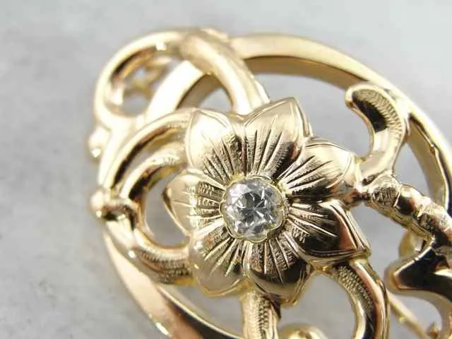 Antique Botanical Brooch with Diamond Accent