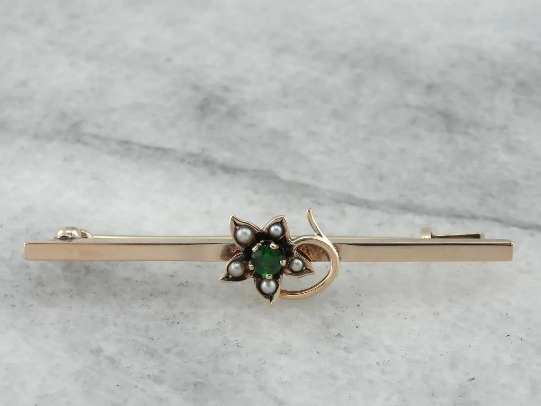 Antique Victorian, Rose Gold and Dematiod Garnet and Pearl Bar Pin