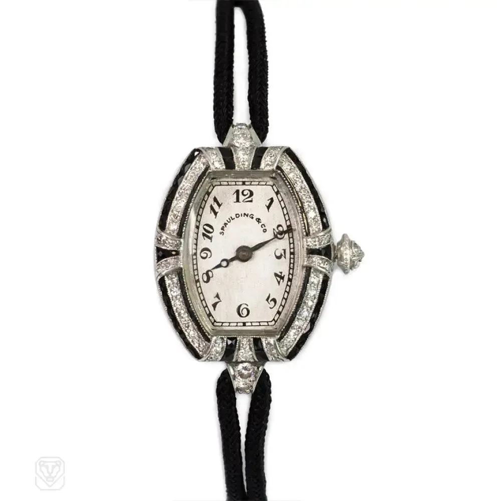 Art Deco diamond and onyx watch with cord band