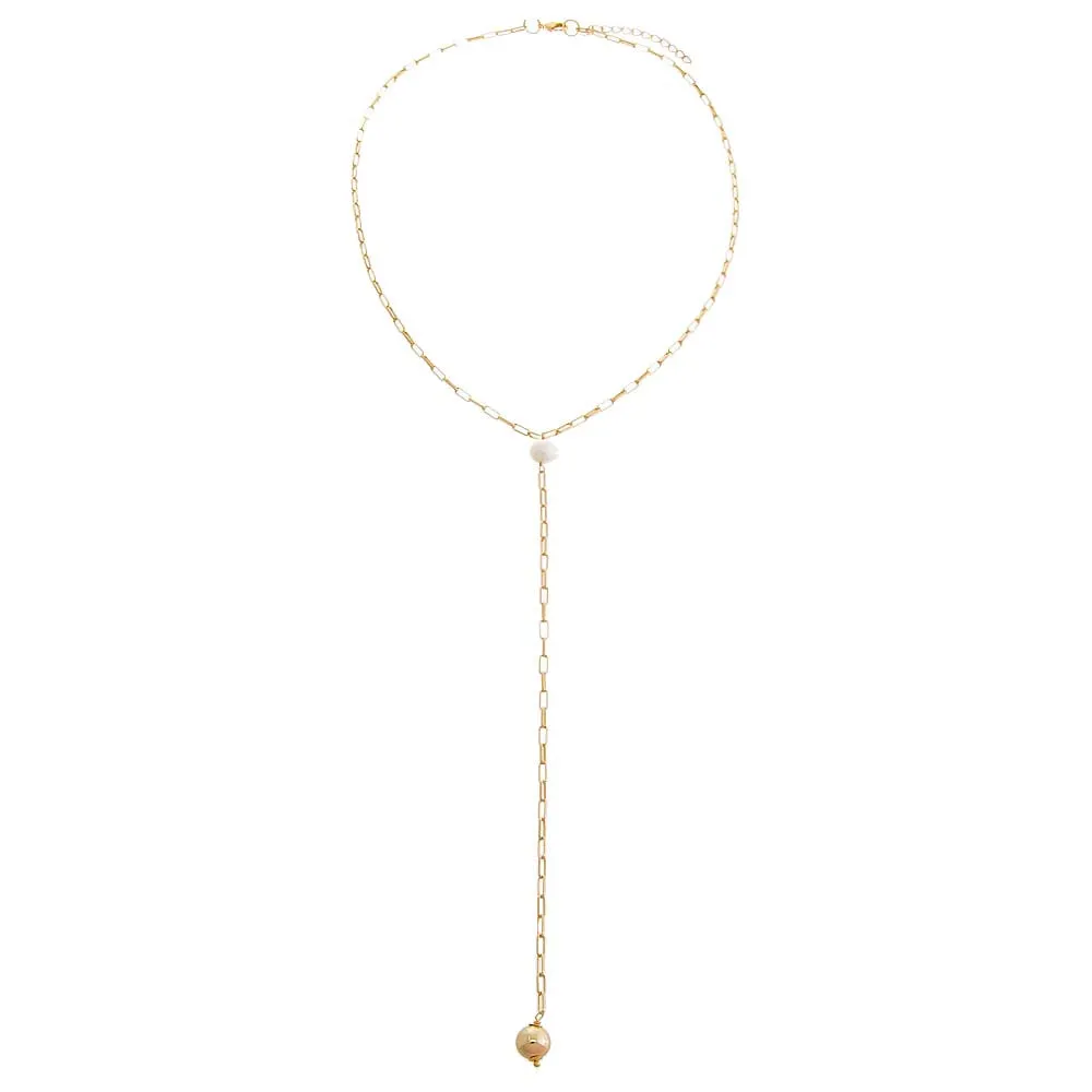 Ball X Pearl Link Lariat Necklace