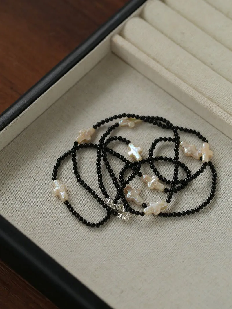 Black Agate Cross Baroque Pearl Long Beaded Necklace