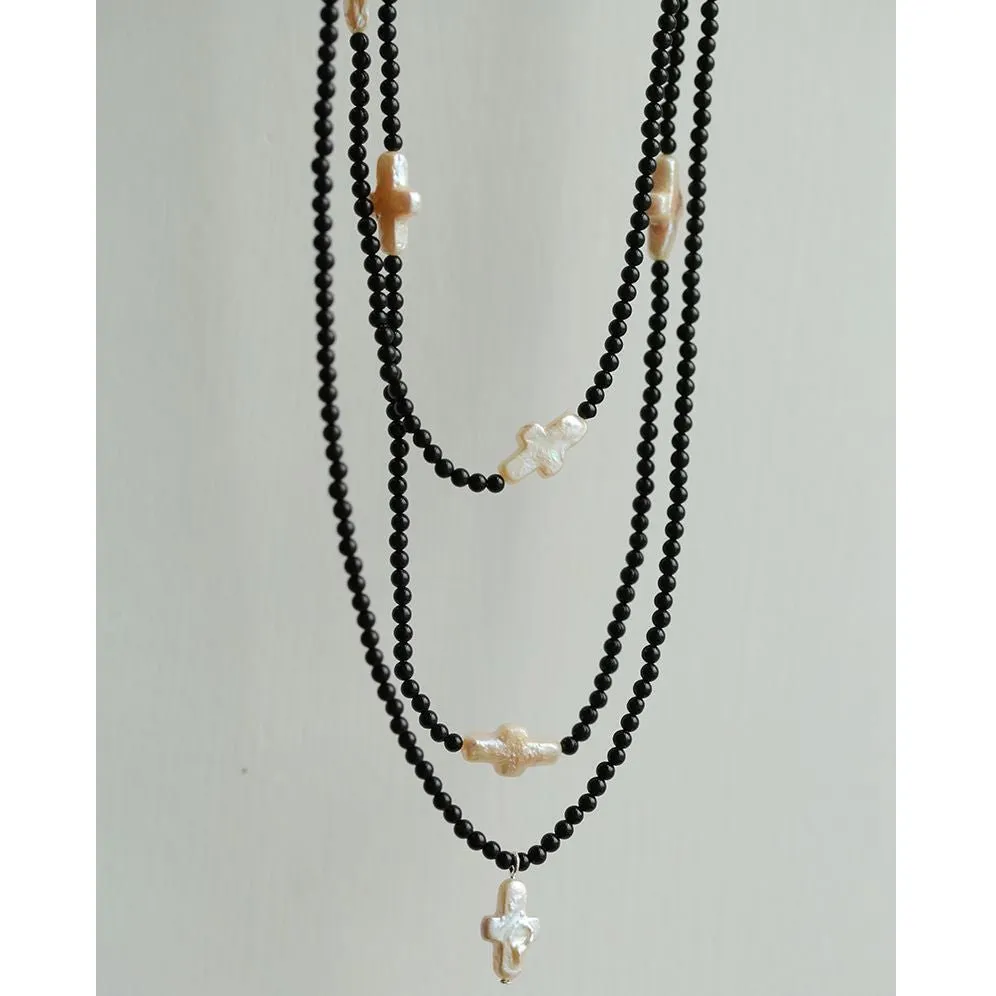 Black Agate Cross Baroque Pearl Long Beaded Necklace