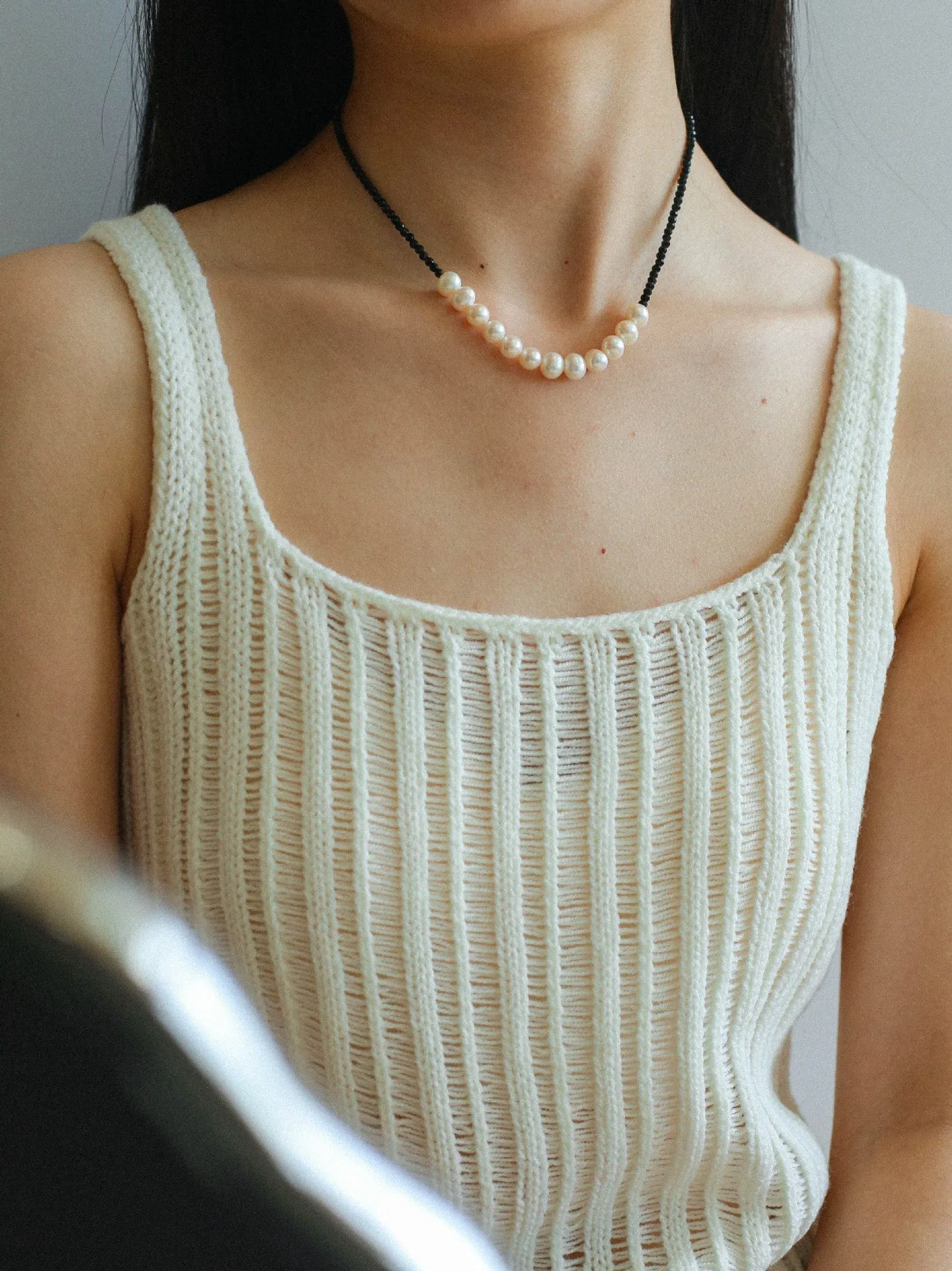 Black Spinel Smile Pearl Beaded Necklace