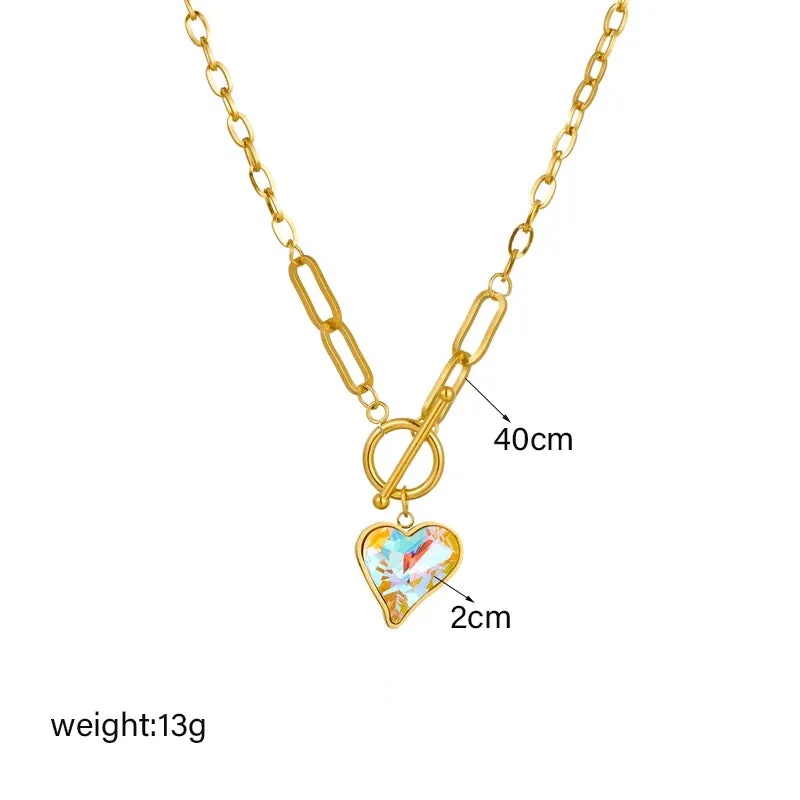 Colorful Dazzling Heart Pendant Necklace For Women 316L Stainless Steel Mood Tracker