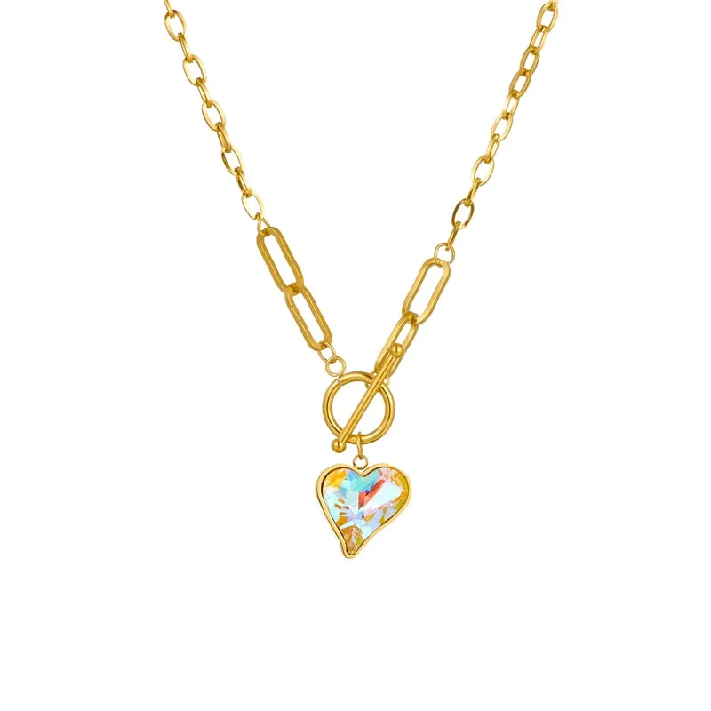 Colorful Dazzling Heart Pendant Necklace For Women 316L Stainless Steel Mood Tracker