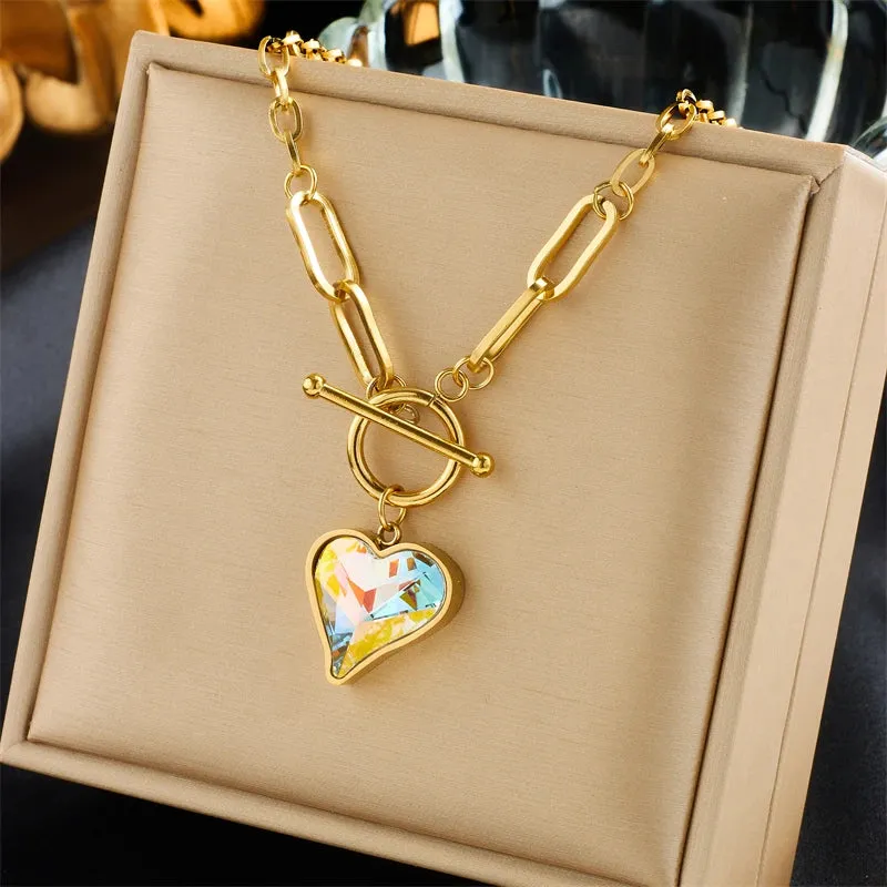 Colorful Dazzling Heart Pendant Necklace For Women 316L Stainless Steel Mood Tracker