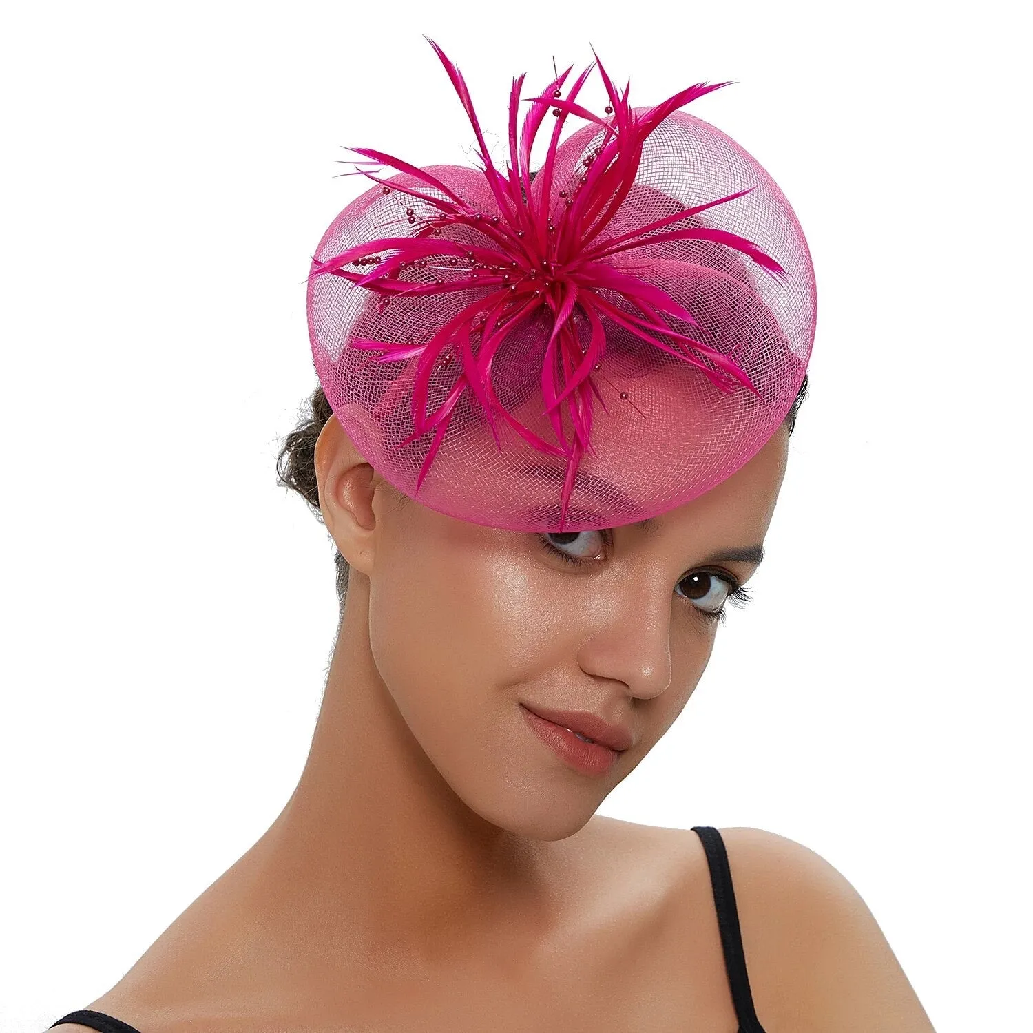 Crinoline and Feather Headband Fascinator - Cerise