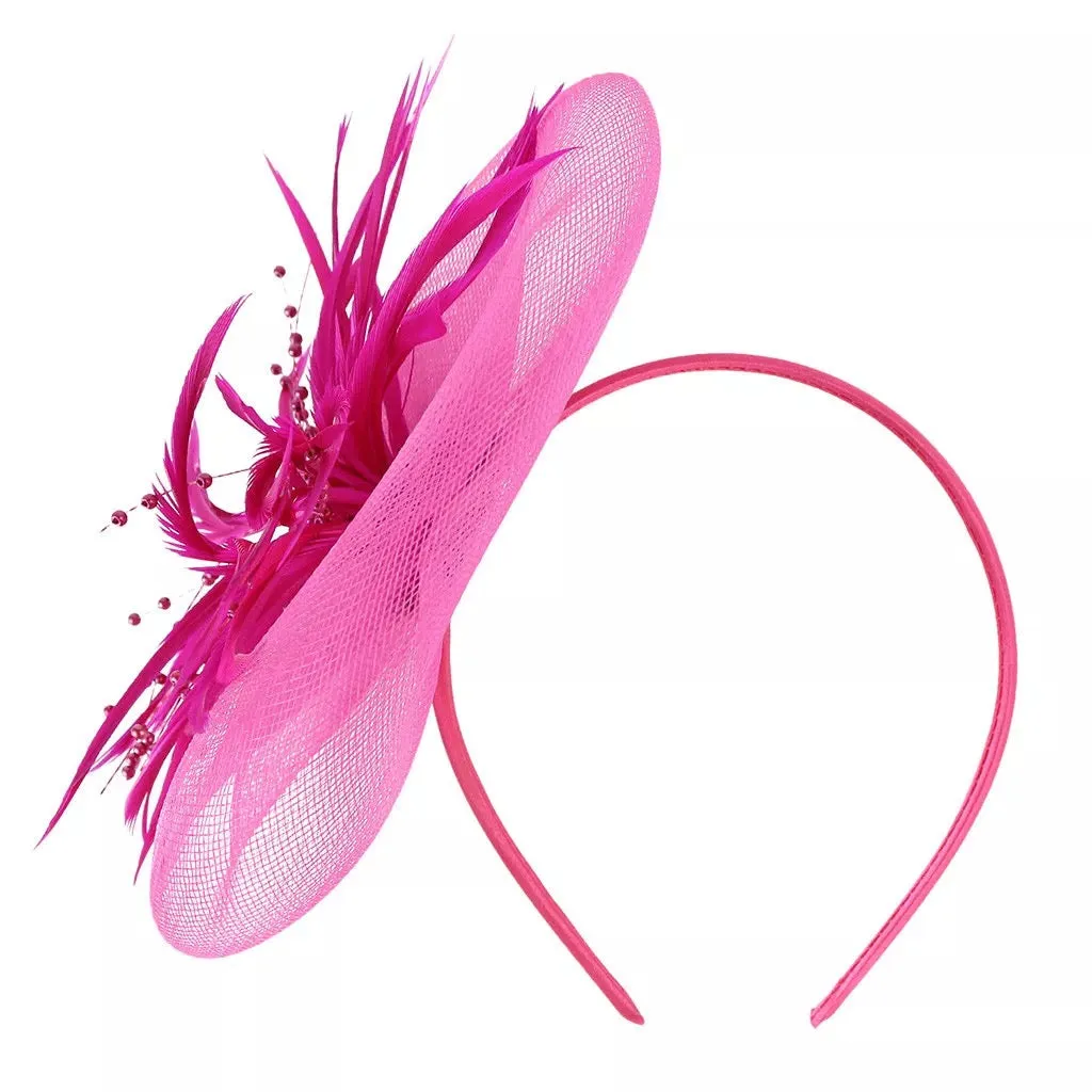 Crinoline and Feather Headband Fascinator - Cerise