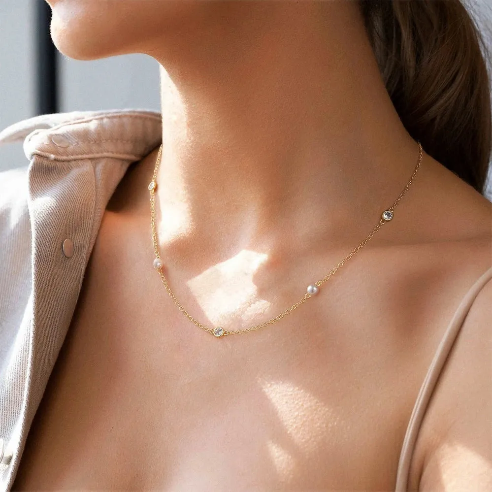 Dainty Diamond Choker Necklaces Station Chain Necklace- Rhinestone Spacer Pearl