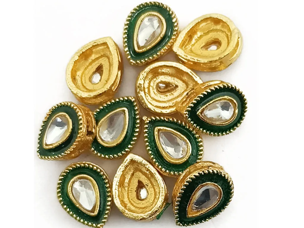 Dark Green & Golden Drop Shaped Kundan Stones