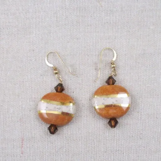 Drop Earrings in Handmade Honey Cream and Gold Kazuri Beads