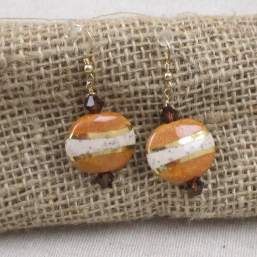 Drop Earrings in Handmade Honey Cream and Gold Kazuri Beads