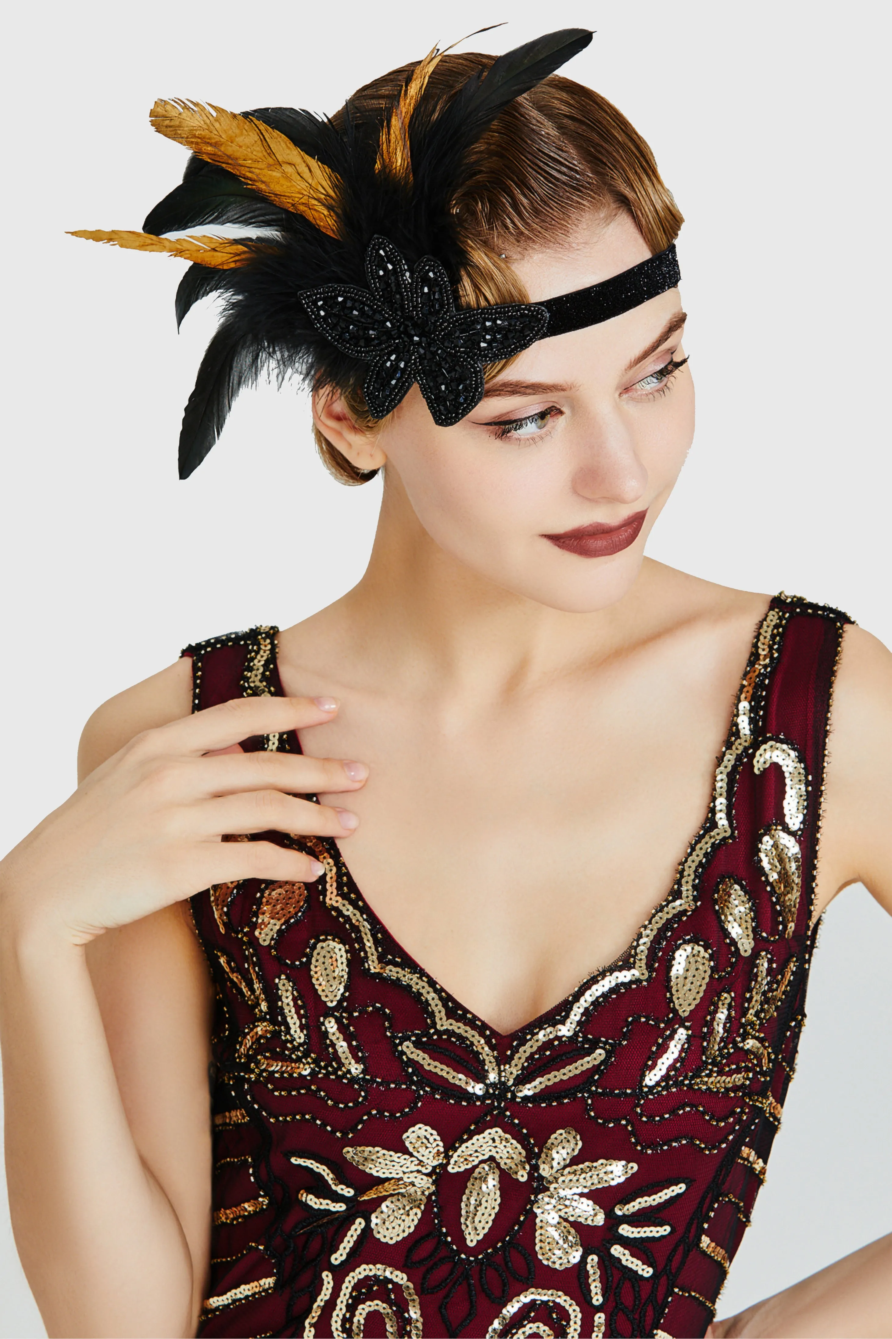 Elegant Two-Toned Beaded Feather Headband