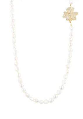 Flower Pearl Gemstone Long Necklace White Cz Gold