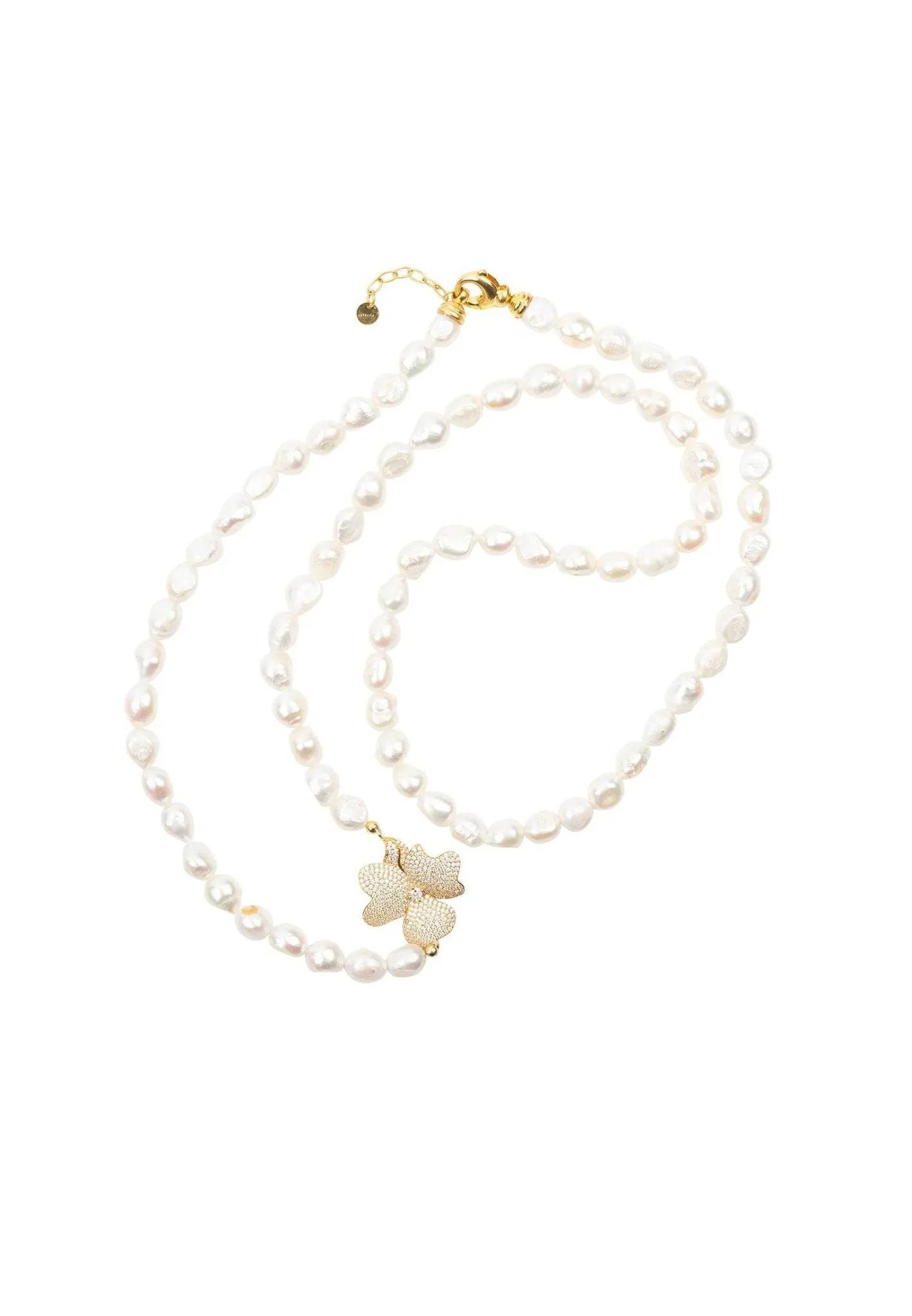 Flower Pearl Gemstone Long Necklace White Cz Gold