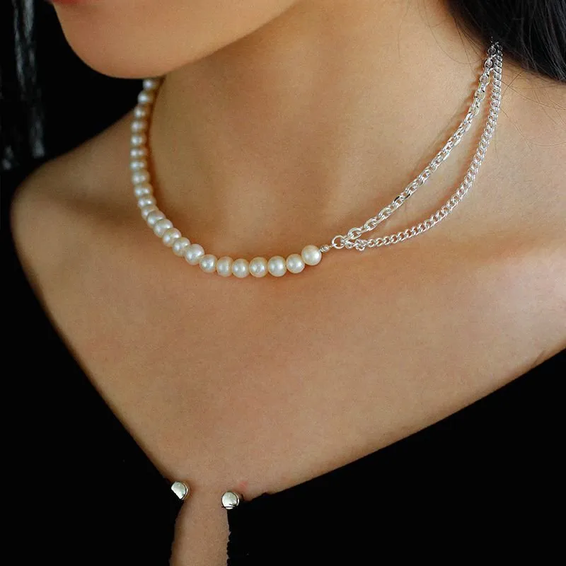 Freshwater Pearl Panel Chain Silver Necklace