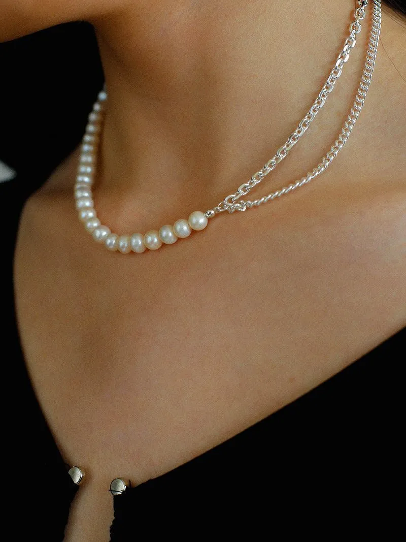 Freshwater Pearl Panel Chain Silver Necklace