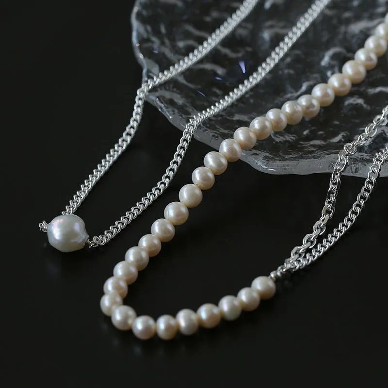 Freshwater Pearl Panel Chain Silver Necklace