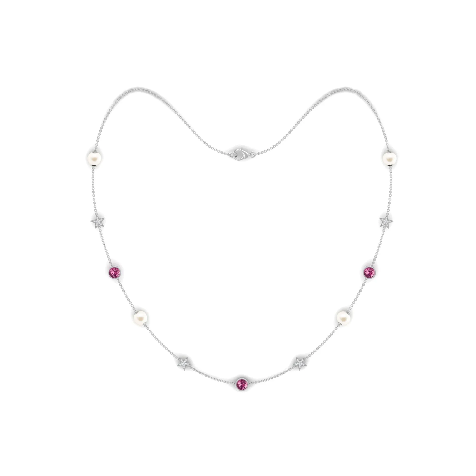 Freshwater Pearl Station Chain Necklace with Tourmaline and Diamond