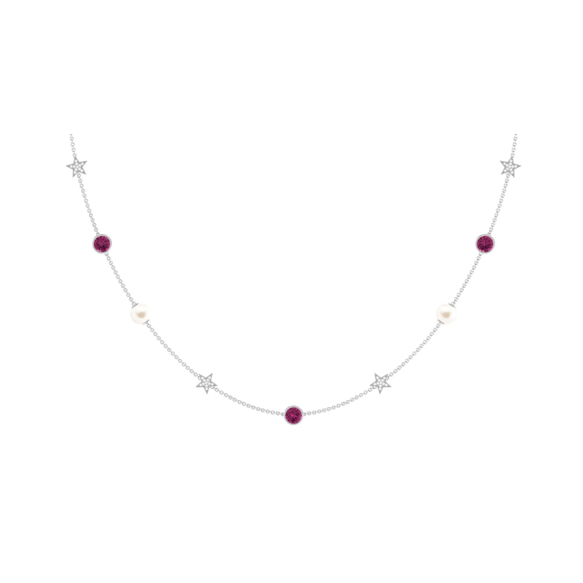 Freshwater Pearl Station Chain Necklace with Tourmaline and Diamond