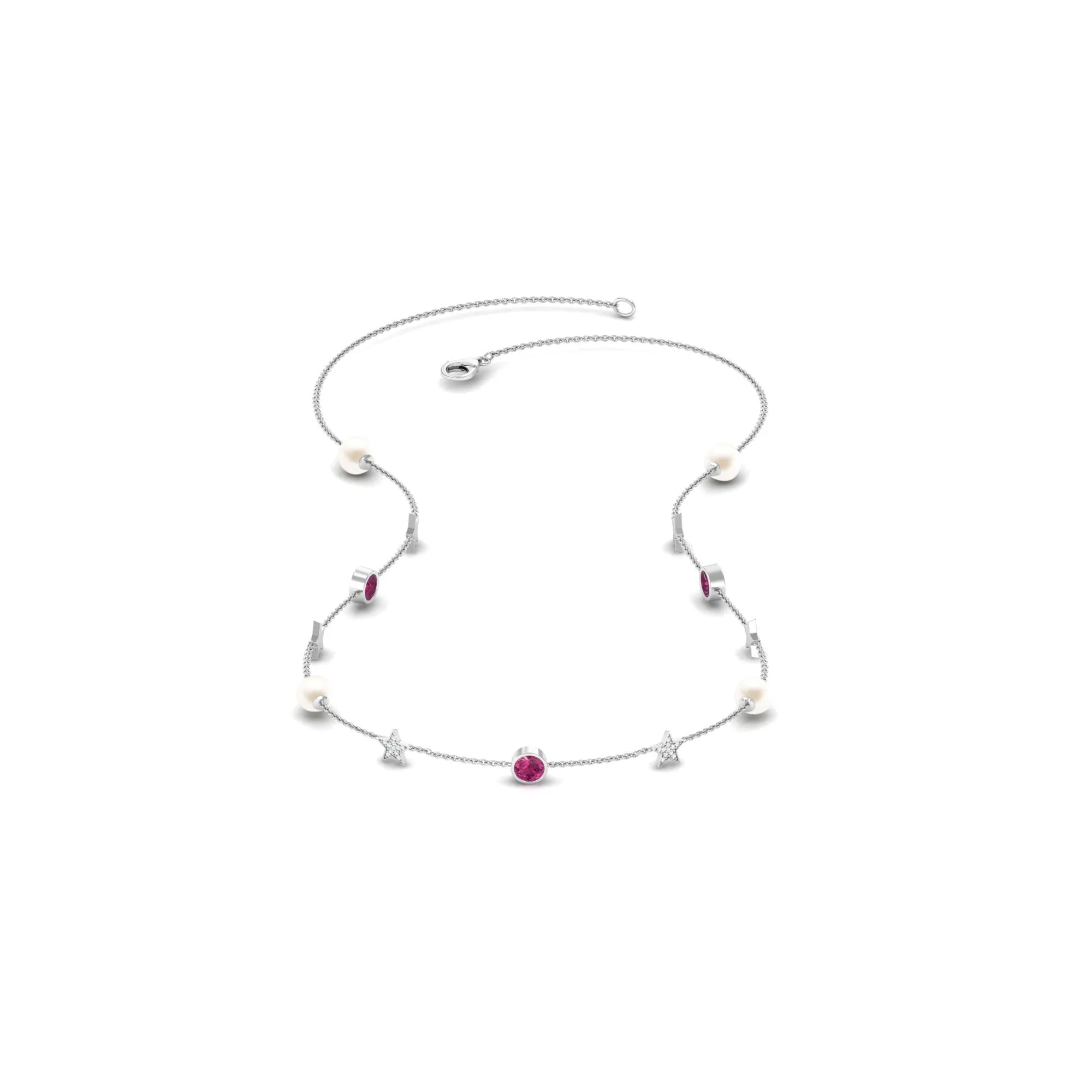 Freshwater Pearl Station Chain Necklace with Tourmaline and Diamond