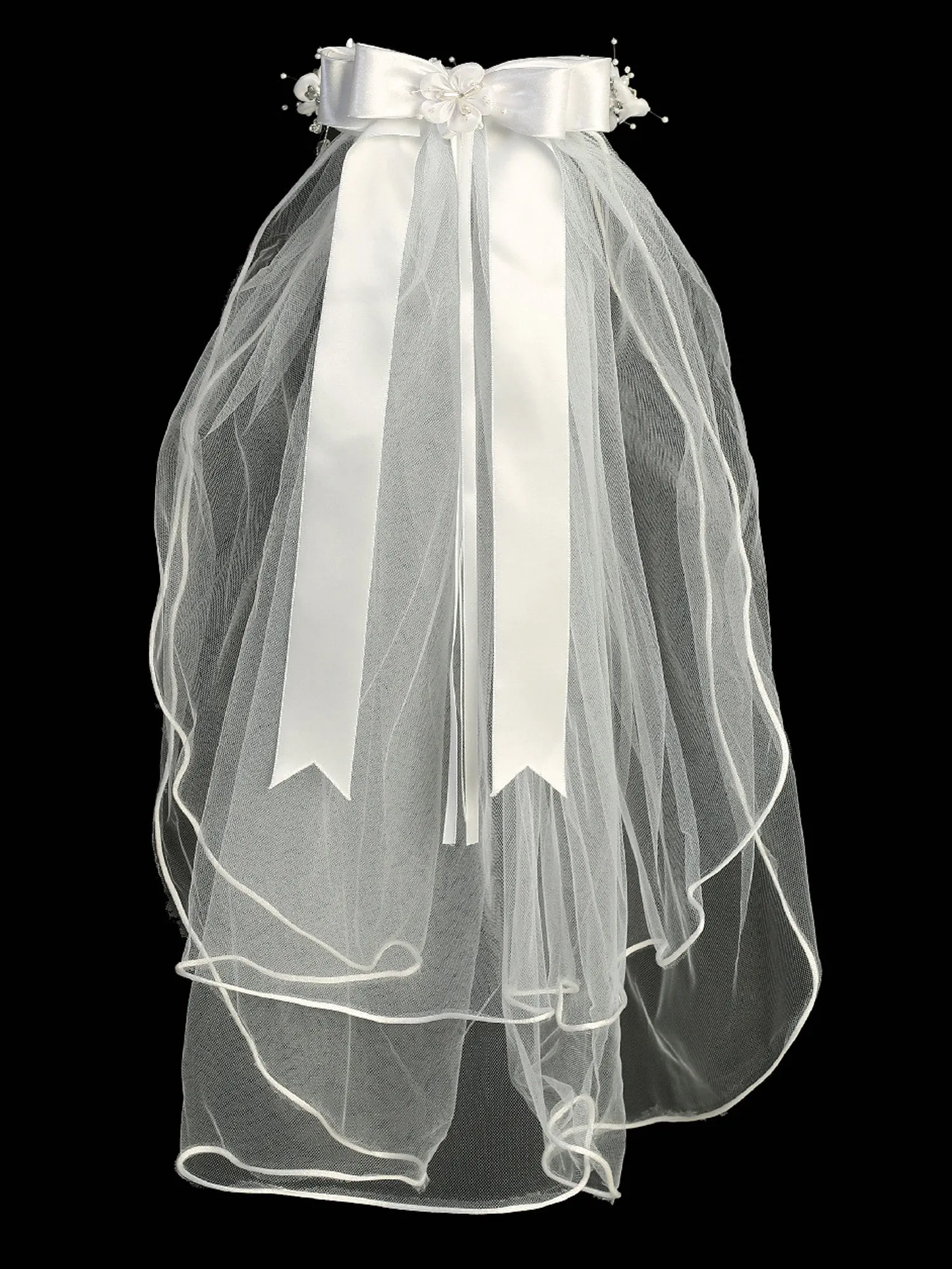 Girls White 24 Inch Beads Pearl Satin Flower Satin Bow Comb Communion Veil