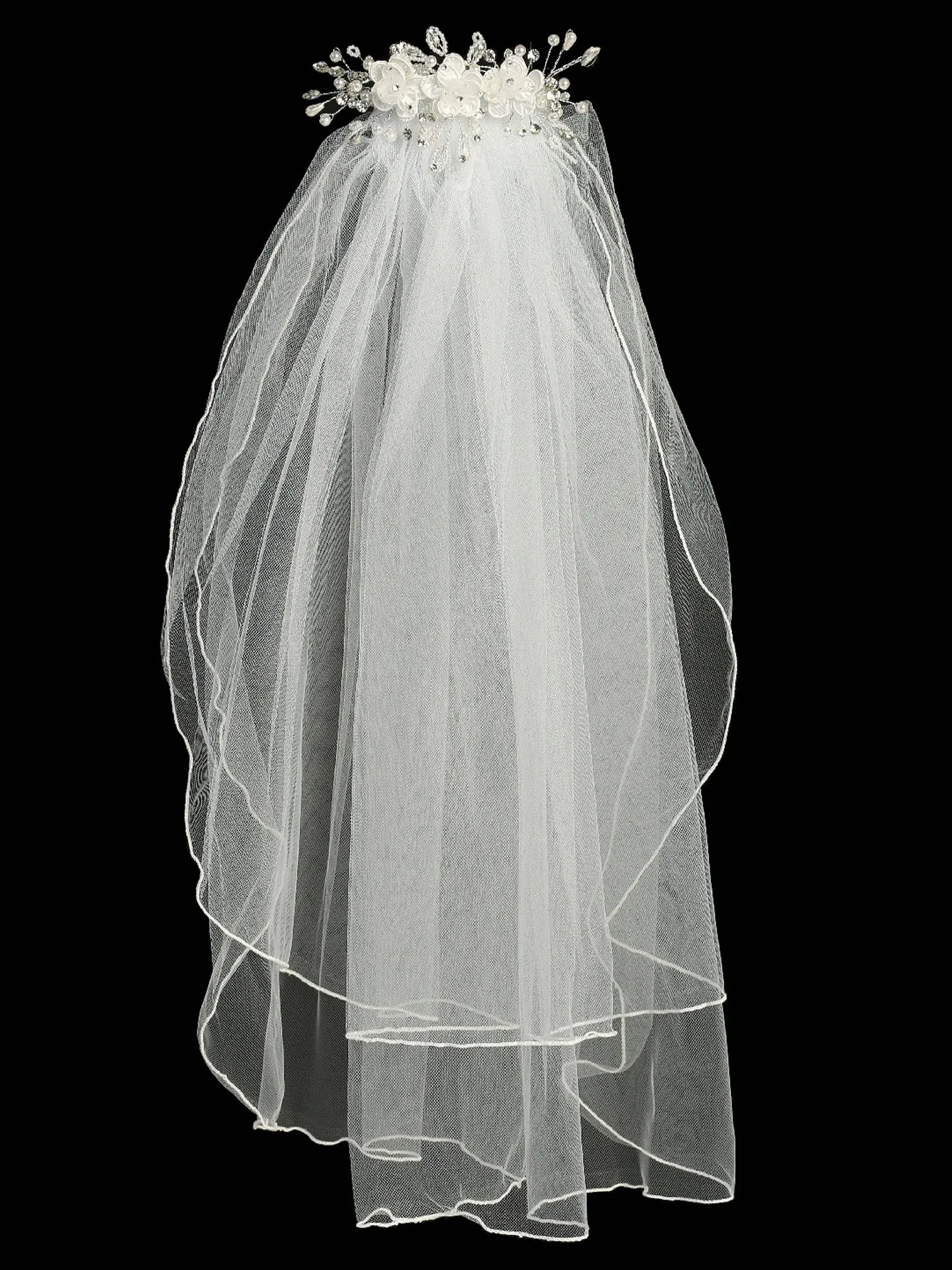 Girls White 24 Inch Rhinestone Organza Corded Flower Comb Communion Veil